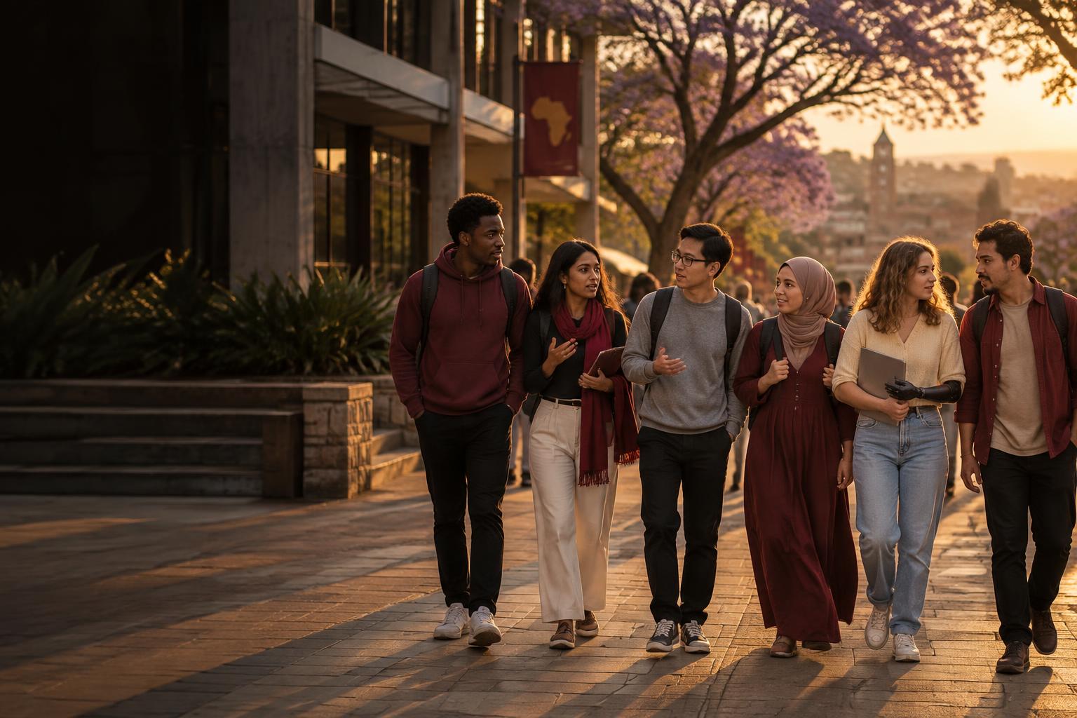 An international group of students walking together along a jacaranda-lined university walkway