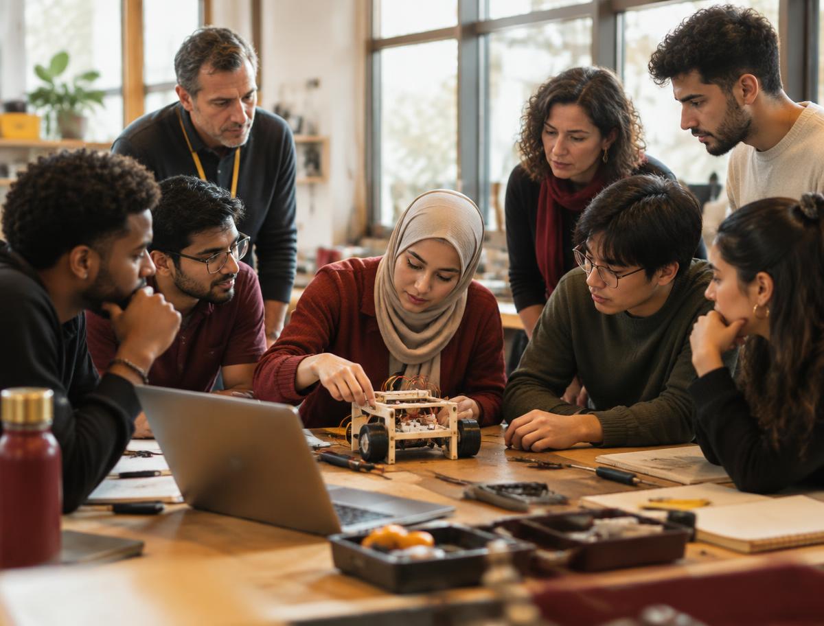 Student founders and mentors testing a product prototype in an incubator workshop
