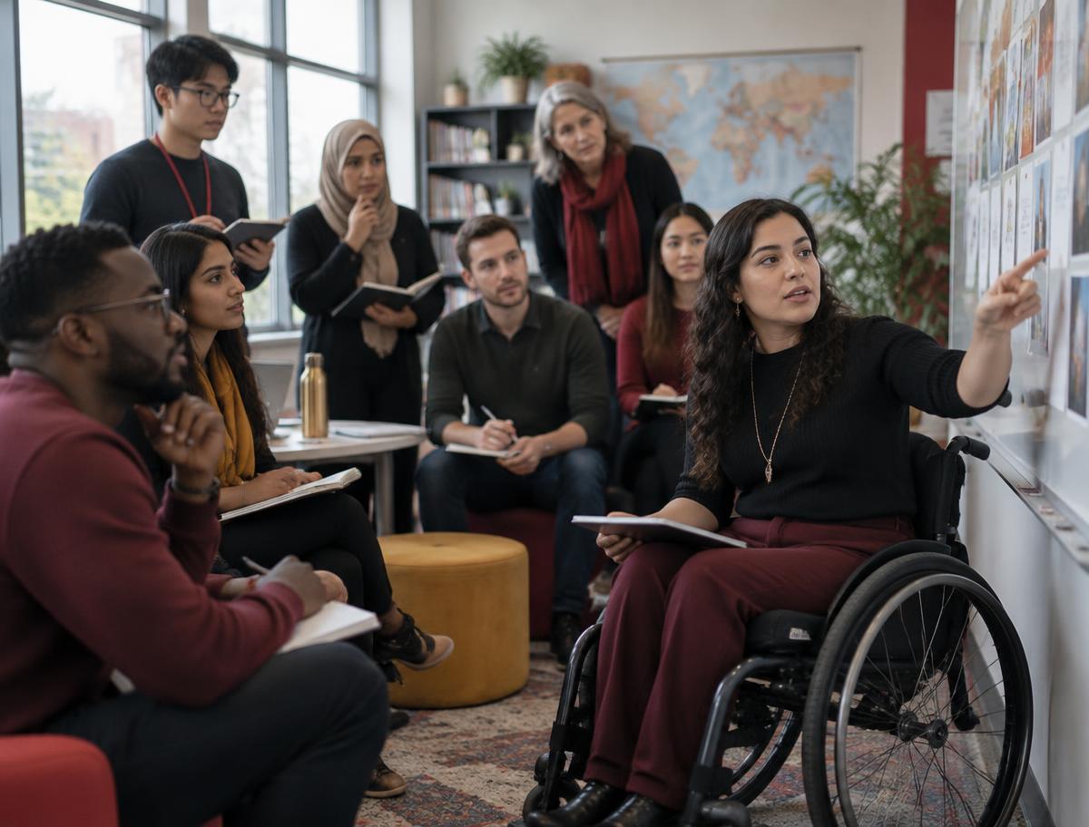 Trainee teachers, including a wheelchair user, rehearsing a lesson with their mentor