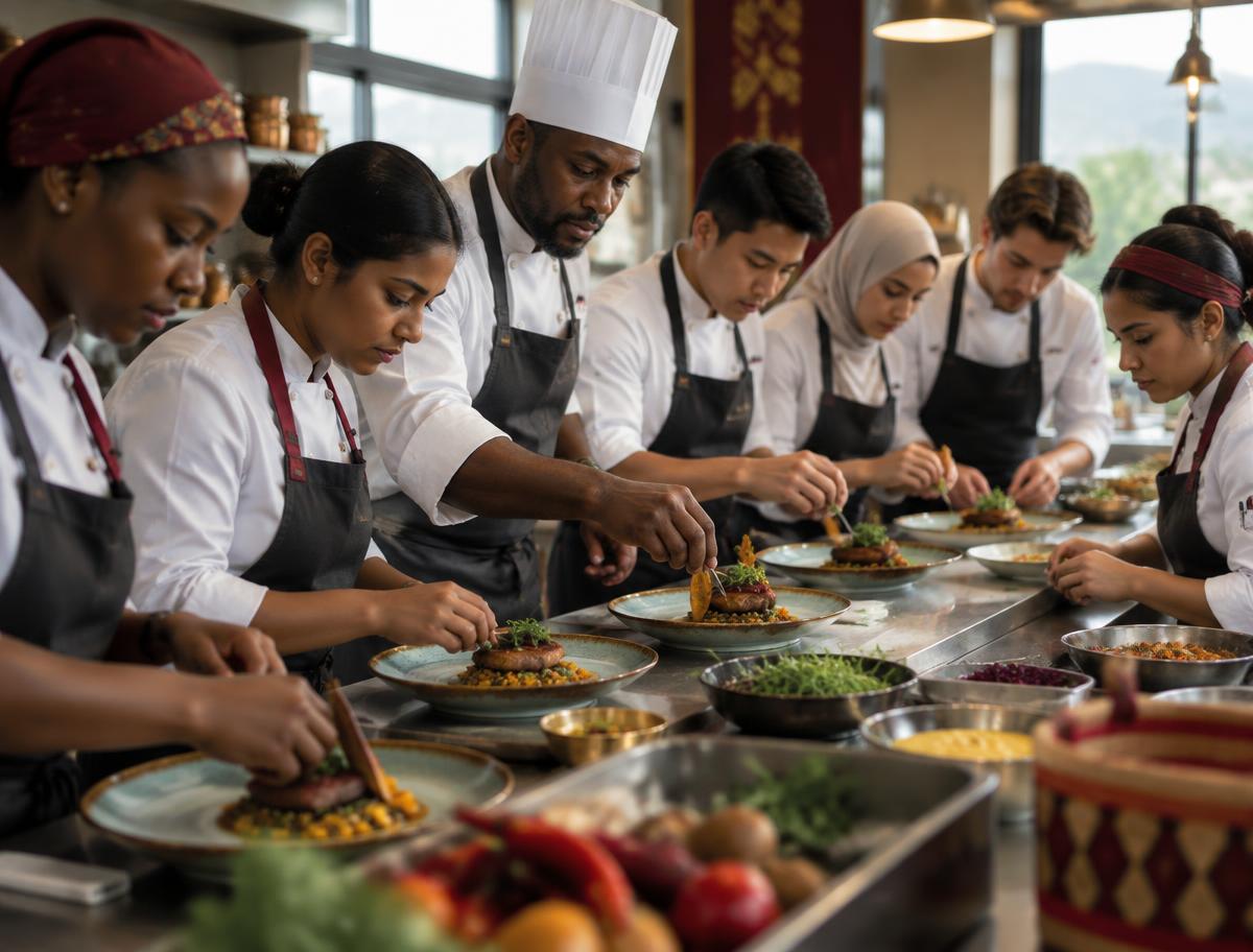 Culinary students plating East African dishes with a chef instructor in a teaching kitchen