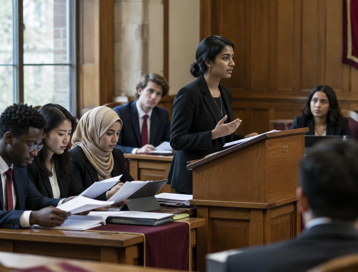 Law students presenting and reviewing an argument in a contemporary moot court