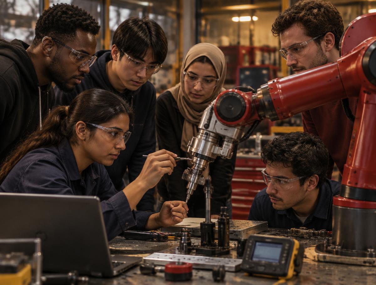 A diverse student team calibrating a six-axis robotic arm in a workshop